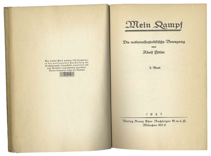 Adolf Hitler Signed First Edition of ''Mein Kampf'' -- One of 500 ''Edition De Luxe'' Signed Copies, Inscribed at the Infamous Wolf's Lair, ''Adolf Hilter / Wolfsschanze 29 Nov. 1941''